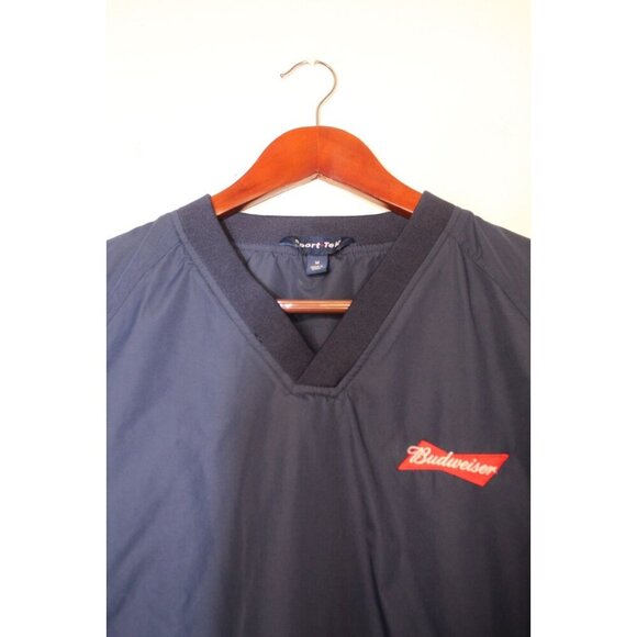 Sports -Tech Budweiser Windbreaker Mens M Navy Jacket Pullover Blue LinedCasual - Picture 2 of 16